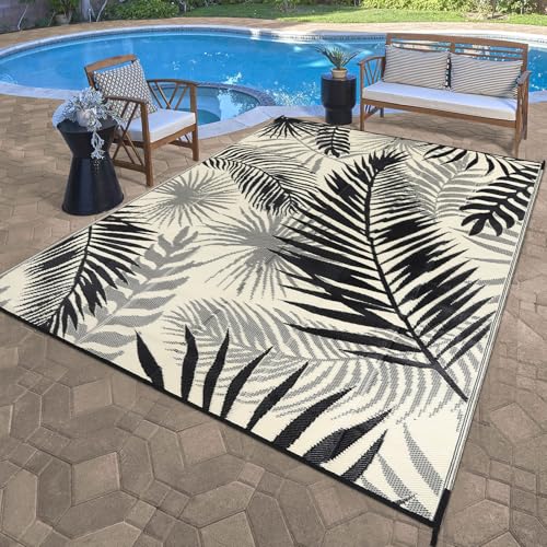 Outdoor Rug Waterproof for Patios Clearance, Reversible Outdoor Plastic Straw Rug Camping Carpet, Outside Floor Mats Large Area Rugs for RV,Patio,Deck,Porch,Beach, Balcony，8'x10',Black&Beige - color: Black&beige, size: 8' x 10' (Rectangular)