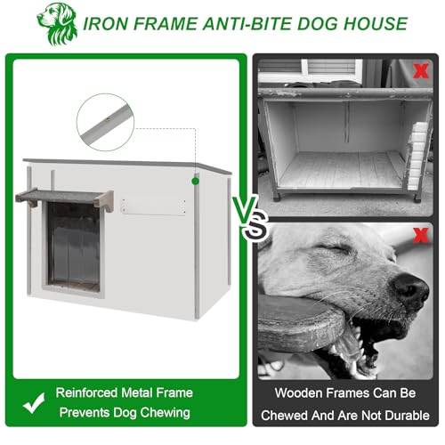 Gowoodhut Dog House Outdoor Weatherproof & Wooden Dog Kennel with Chew-Proof Iron Frame，Removable Floor, Adjustable Vent Window, Easy Assembly for Medium Dogs (43.3" L x 29.5" W x 33.5" H) - size: 43" L X 30" W X 33" H