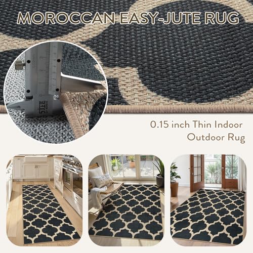 Lahome Moroccan Easy Jute Runner Rug, Black Outdoor Washable Runner Rugs for Outdoor Porch Hallway, Geometric Trellis Woven Long Carpet for Doorway, Thin Non Slip Outdoor Decor, 2'6'' x 8' - color: Black, size: 2.6x8