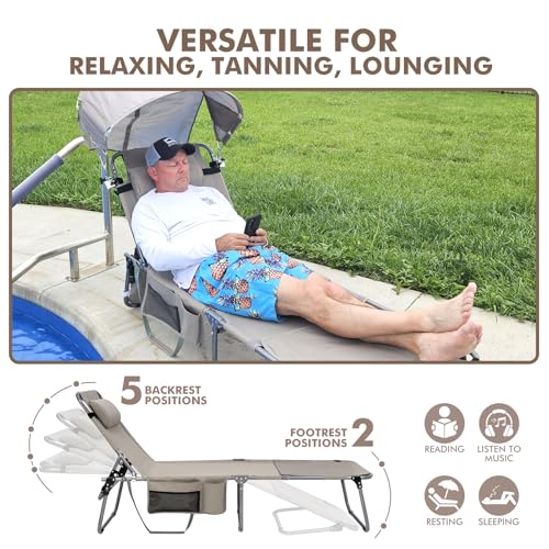 Tanning Chair with Sun Canopy Face Hole Softer Padded Adjustable Washable, Heavy Duty Layout Folding Lounge Chair for Adults Outside Beach Reading Sunbathing Poolside Lawn, UPF 50+ Sun Shade, 300 LBS - color: Beige, size: Standard Size