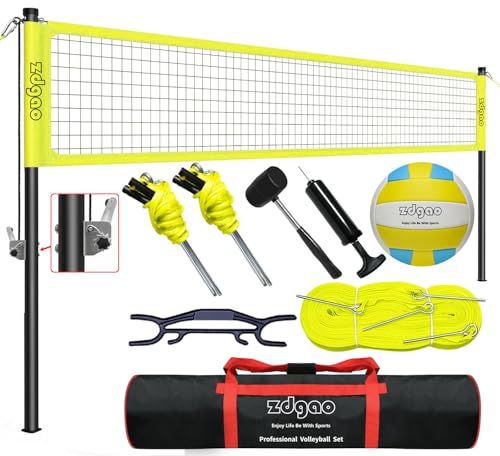 Volleyball Net Outdoor - Portable Volleyball Set for Backyard with Professional Volleyball Net, Wrap Yarn Volleyball and Pump, Boundary Line, Carry Bag - style: Plus-32FT(Yellow)