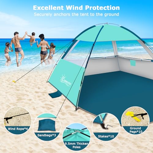 COMMOUDS Beach Tent Sun Shade for 3/4/6/8 Person, UPF 50+ Beach Sun Shelter Canopy Tent, Lightweight, Easy Set Up and Carry - color: Turquoise, size: 6 Person