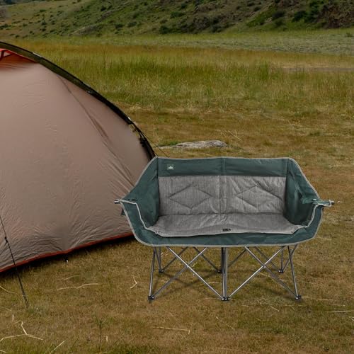 Northroad Folding Loveseat Camping Chair Portable Double Duo Full Padded Garden Chair for 2 Person Sofa w/ 2 Cup Holder,Wine Glass Holder,Mesh Storage,Support 600lbs for Picnic Beach Travel - color: Dark Green