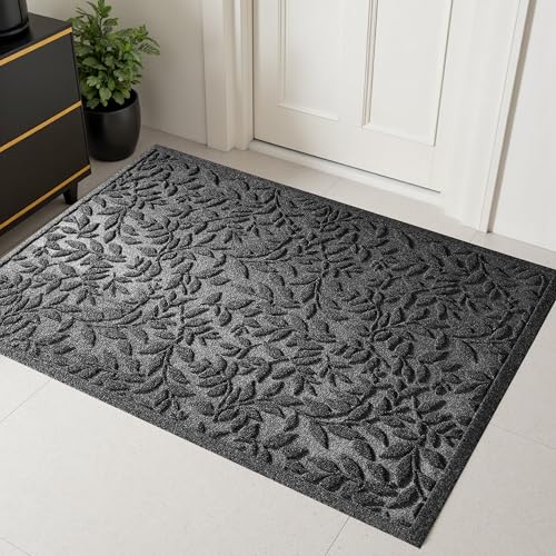 Grey Leaves Outdoor Indoor Entrance Door mat, Absorbent Durable Heavy Duty Welcome Front Door Mat,Thick Natural Rubber Back,Easy Clean Entryway Mat 47x32 Inch, Low Profile - color: Leaves-grey, size: 2'8" x 3'11" (Rectangular)