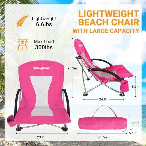 KingCamp Low Beach Chair Folding Portable Lightweight Backpack Chair for Adults with Cup Holder Pocket Carry Bag for Outdoor Camping Concert Festival Travel Sports Lawn Sand, Rose - color: Darkrose-low Back