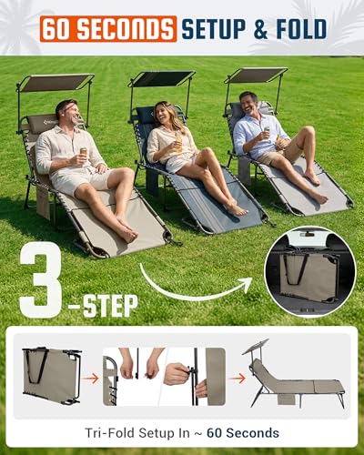 KingCamp Lounge Chair with face Hole & Canopy Shade, 400LBS Folding Portable Tanning Chair with face Hole, Adjustable 5-Position Foldable Beach Sun Tanning Chair for Outside Beach Patio Outdoor Pool - color: C*skyshade Canopy——beige Canopy, style: 400lbs&