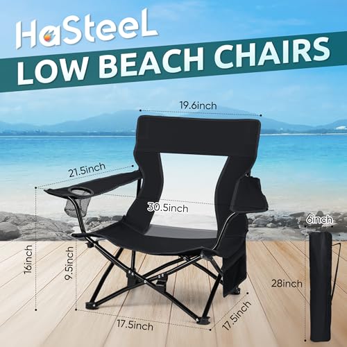 HaSteeL Folding Beach Chair Set of 2, Foldable Black Camping Chairs for Outside, Low Beach Chair Portable for Adults Fishing, Picnic, Outdoor BBQ, Travel, Sports, Cup Holder & Storage Bag - color: Black Chairs