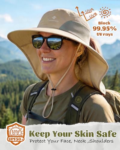 Camptrace Sun Hats for Women Men UPF 50+ UV Protection Wide Brim Hiking Fishing Hat with Neck Flap - color: Khaki