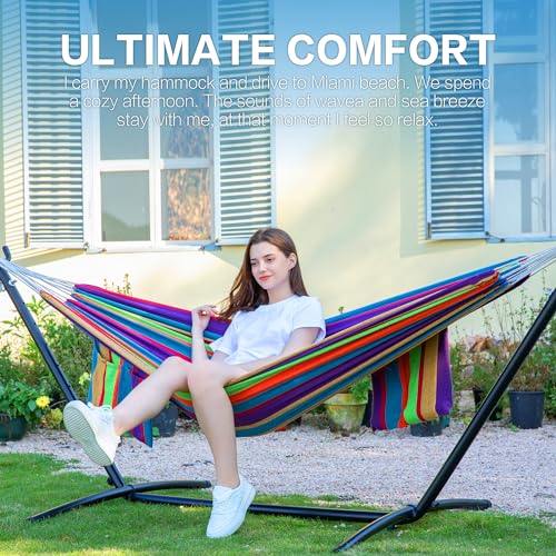 PNAEUT Double Hammocks with Stand for Outside, Portable Space Saving Heavy-Duty Steel Stand for Indoor Outdoor Patio, 450 lbs Capacity (Tropical) - color: Tropical