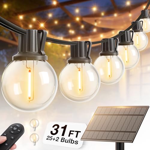addlon 31FT(25+6) Solar String Lights Outdoor with 1FT Bulb Spacing, 25+2 Commercial G40 LED Bulbs, Solar & USB Charging, Remote, Timable, Dimmable Waterproof Patio Lights for Balcony, Porch, Yard - size: 25+6FT(25 Sockets)