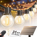 addlon 31FT(25+6) Solar String Lights Outdoor with 1FT Bulb Spacing, 25+2 Commercial G40 LED Bulbs, Solar & USB Charging, Remote, Timable, Dimmable Waterproof Patio Lights for Balcony, Porch, Yard - size: 25+6FT(25 Sockets)