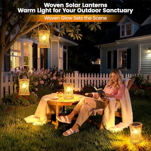 Solar Lanterns Outdoor Waterproof 2 Pack, Upgraded Rattan Hanging Solar Lights for Outside with Handle, Bright Auto On/Off Decorative Outdoor Lanterns for Patio Garden Yard Porch, Gifts for Mom - size: 2 Pack