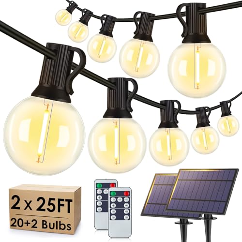 Larkvue 50FT(2x25FT) Solar String Lights Outdoor with Remote, Waterproof Dimmable 3 Modes Patio Lights with 20+2 LED G40 Bulbs for Cafe Bistro-Black - color: Black