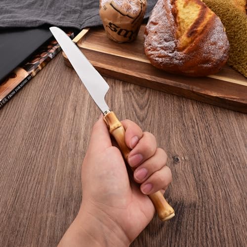Dinner Knife Set with Bamboo Handle, 8-Piece Stainless Steel Shiny Silver Dinner Knives, Creative Design Table Knives for Home Restaurant, 8.74 inch, Handcrafted - color: 8-Piece Dinner Knife