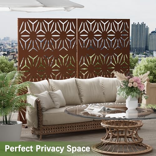 Cofar Metal Privacy Screen Outdoor 72" H×44" W -Brown Freestanding Outdoor Privacy Panels with Stand, Decorative Fence for Patio, Deck, Balcony（Floral） - style: 3-Panels Floral_Brown