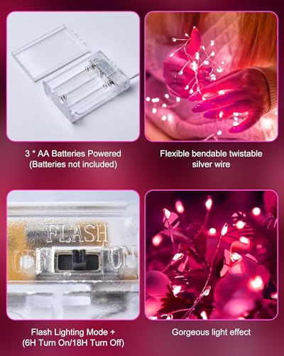 Fairy Lights Battery Operated, Twinkle String Lights Waterproof Silver Wire 5 Ft 60 LED Firecracker Valentine's Lights for DIY Wreath Wedding Bedroom Mason Jar Holiday Christmas Valentine's Day, Pink - color: Pink
