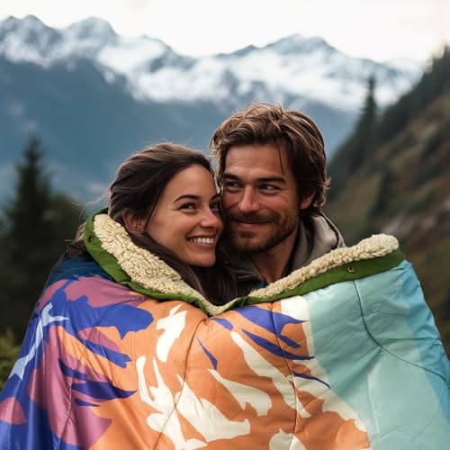 Outdoor Camping Blanket with Sherpa Lining, Extra Warm Thick Camp Blankets and Puffy Ultralight Soft Poncho DWR Camping Quilt for Cold Weather, Adventure, Sleeping, Backpacking 78"x 56" - color: Purple Deer Language, size: 78 x 56 inches
