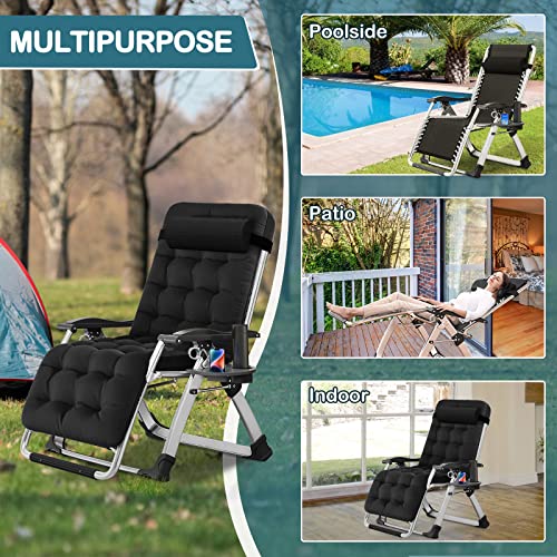 NAIZEA Padded Zero Gravity Chair, Folding Outdoor Lounge Chairs, Adjustable Reclining Camping Chairs with Cup Holder, Ergonomic Patio Lawn Chair for Balcony Beach Deck Yard - color: Black, style: Zero Gravity Chair 2 Pack