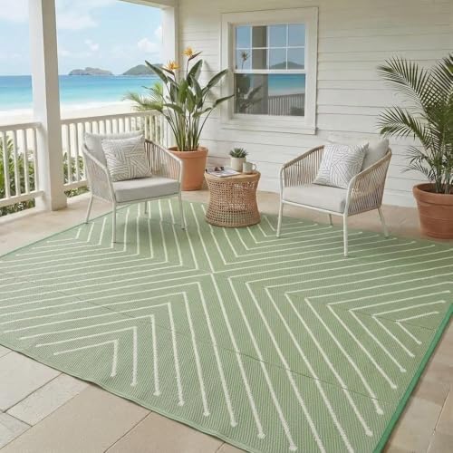Garvee 8x10 Modern Striped Waterproof Outdoor Rug Reversible, Large Patio Camping Mat for RV, Backyard, Balcony, UV Protected Plastic Straw Outdoor Carpet, GreenWhite - color: Greenwhite, size: 8' x 10' (Rectangular)