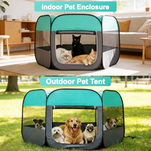 Dog Cat Playpen, Pet Playpen Indoor for Dog Crate Tent Cage Outdoor Foldable Dog Enclosure, Green Medium - style: Medium(34"L x 34"W x 23"H)