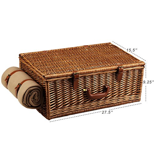 Picnic at Ascot Dorset English-Style Willow Picnic Basket with Service for 4, Coffee Set and Blanket- Designed, Assembled & Quality Approved in the USA - color: Wicker With Gazebo Plates/Napkins