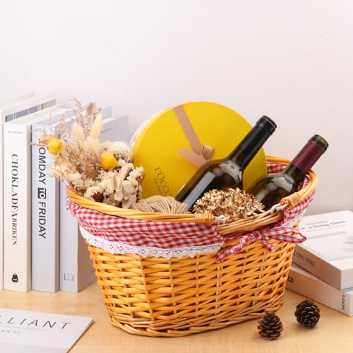 1 Pack 14.2 Inch Natural Wicker Basket with Checkered Lining, Oval Wicker Woven Basket with Handle, Willow Woven Picnic Baskets for Picnic, Camping, Party(Large) - size: 1 Pack 14.2in Natural