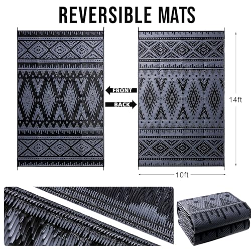 OLANLY Outdoor Rug Waterproof 10x14 ft, Reversible Outdoor Plastic Straw Rug, Boho Patio Rug, Indoor Outdoor Carpet, RV Mat Outside for Patio, Camp, Picnic, Balcony, Deck, Backyard, Black & Grey - color: Black & Grey, size: 10' X 14' (Rectangular)