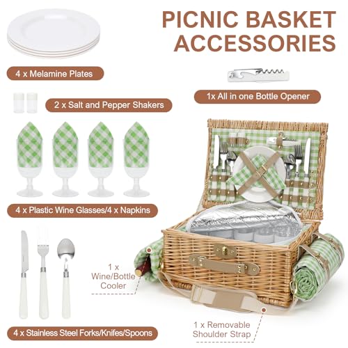 Picnic Basket for 4, Insulated Willow Picnic Baskets with Shoulder Strap, Picnic Hamper with Waterproof Picnic Blanket, Handmade Wicker Hamper for Outdoor Camping, GreenCheck - style: GreenCheck-4P