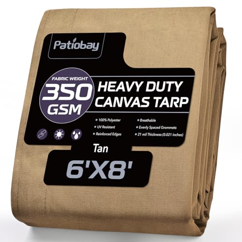 Canvas Tarp 6x8 Feet, 12 Oz Heavy Duty Water Resistant with Rustproof Grommets, UV Resistant, Multipurpose Outdoor Tarpaulin for Camping, Canopy, Woodpile, Trailer (Tan) - color: Tan, size: 6x8