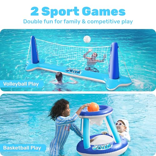 JOYIN Inflatable Volleyball Net & Basketball Hoops Pool Float Set; Balls Included for Kids/Adults, Summing Pool Game, Floating, Summer Floaties, Volleyball Court |Basketball,L-Dark Blue - color: Dark Blue, size: Large