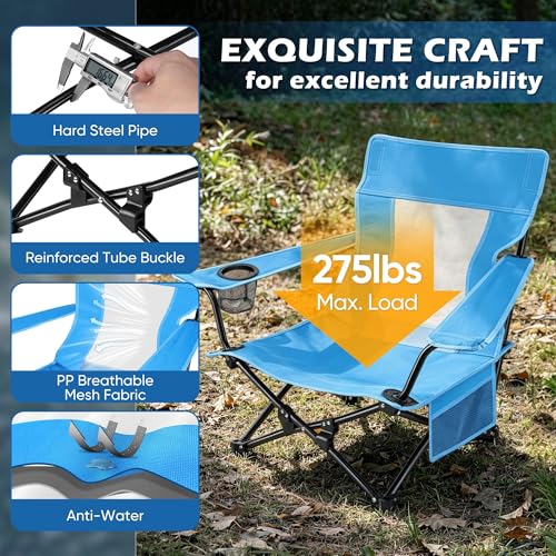 HaSteeL Low Beach Chair Set of 2, Foldable Blue Camping Chair with Adjustable Umbrella Set for Adults, Lightweight Portable Lawn Chairs for Fishing, Picnic, Outdoor BBQ, Travel, Sports - color: Blue Chairs + Blue Umbrella