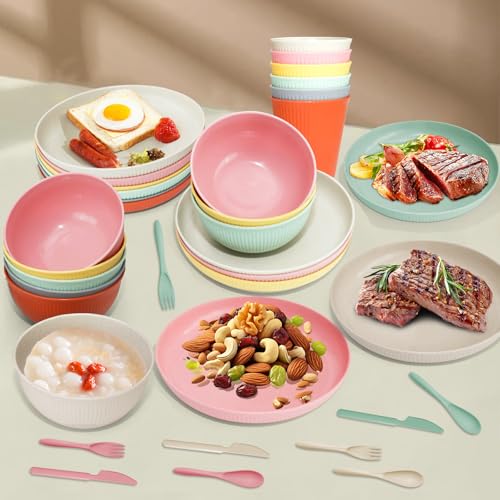 36 pcs Wheat Straw Dinnerware Sets DAPIPIK Unbreakable Reusable Dinnerware Set ，Lightweight Camping Plates Cups and Bowls Set. Dishwasher Microwave Safe Dinnerware - color: Multiple colors