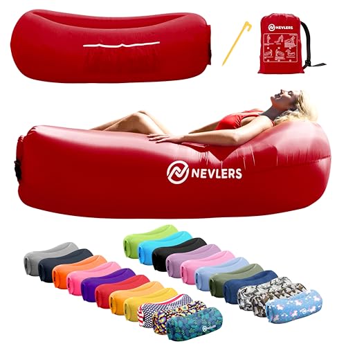 Nevlers Red Inflatable Lounger | 210T Polyester Inflatable Furniture | No-Pump Blow Up Couch | Inflatable Sofa w/ 450lbs. Cap., Pockets & Matching Bag | Use as Inflatable Couch for Camping & More - color: Red, size: 1 Pack