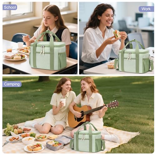 BTOOP Insulated Lunch Bag for Women, Cute Leakproof Lunch Box, Aesthetic Lunch Tote Bag with Large Capacity Shoulder Strap for Work, School, Picnic Green White Stripes - color: Green White Stripes, size: Medium