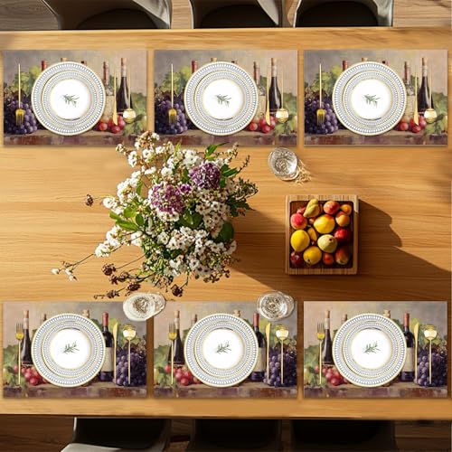 Placemats Set of 6,Retro Red Wine Table Mats, Grapes Glass Cup Washable Linen Table Mats,Non-Slip Heat Resistant Placemats for Party Kitchen Dining Indoor Outdoor 12"x18" - color: Retro Red Wine, Grapes Glass Cup