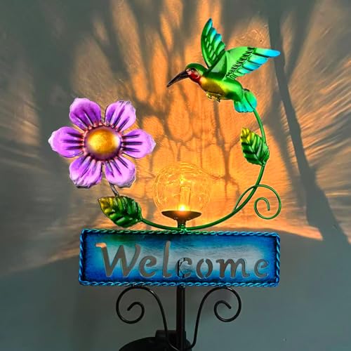 Hummingbird Garden Decorations for Outside, Solar Waterproof Stake Lights with Welcome Sign for Yard Lawn Patio Pathway, Warm Gifts for Mom Grandma Housewarming (Hummingbird) - style: Hummingbird
