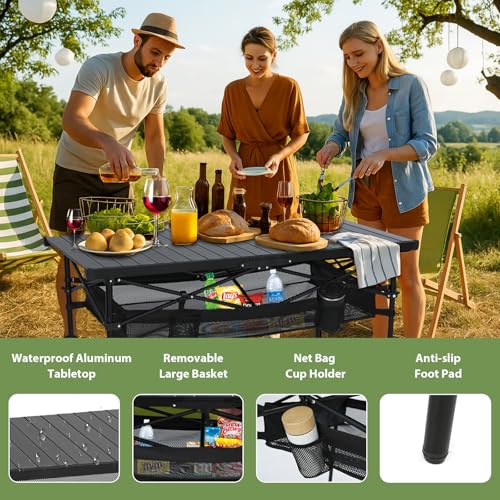 Nice C Portable Folding Camping Table, Aluminum Lightweight Roll-up Top Indoor&Outdoor Collapsible Table, with Mesh Net, Cup Holder, Carry Bag, Steel Frame, for Camping, Sports, BBQ, Picnic (Black)