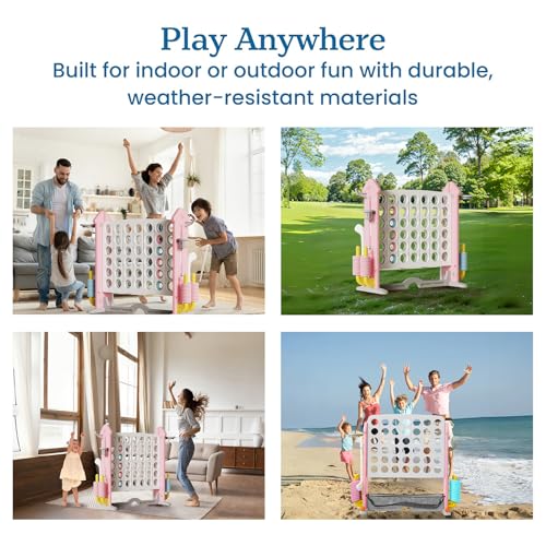 UNICOO Adjustable Height Giant 4-in-a-Row Game with Carry Bag, 4-in-1 Jumbo 4-to-Score Yard Game with Basketball Hoop, Ring Toss & Golf Set, Indoor Outdoor Family Party Game for Kids & Adults - color: Pink & White