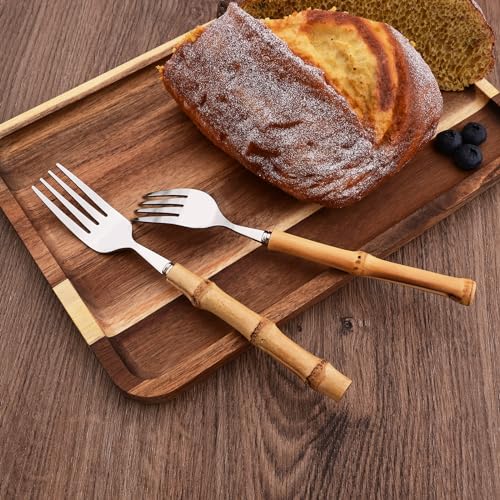 Dinner Fork Set, 8-Piece Natural Bamboo Forks, 18/8 Stainless Steel with Bamboo Handle, Silver Mirror Finish, Unique Design, 8.27 Inch - color: 8-Piece Dinner Fork