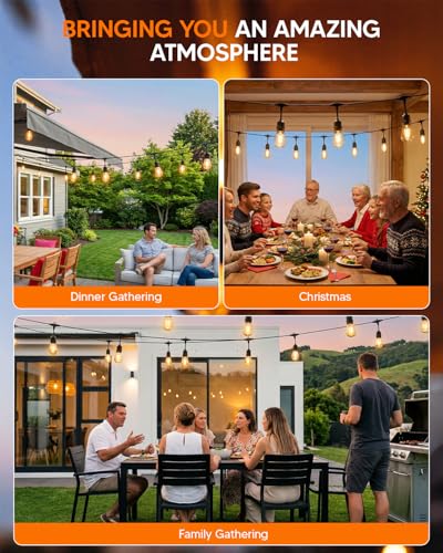 50FT S14 Outdoor String Lights, 32+2 Shatterproof Bulbs 2W, 1.5FT Spacing IP65 Waterproof| Dimmable with Remote, Heavy-Duty, Include Screw & Zip Ties for Patio Backyard Holiday Outside - size: 50 FT with 32+2 Bulbs (1.5FT Bulbs Apart)