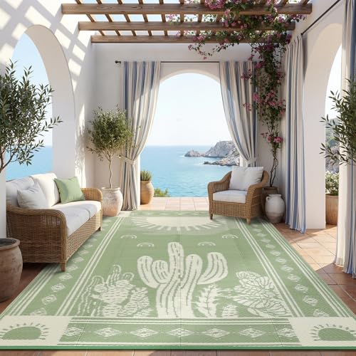 Garvee Waterproof Outdoor Rug 5x8, Cactus Botanical Outdoor Plastic Straw Rug for Camping, Reversible RV Mat Outside, Indoor Outdoor Carpet for Porch, Deck, Backyard, Balcony, Picnic, Sage Green - color: Sage Green & Beige, size: 5' x 8' (Rectangular)