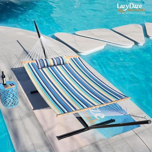 Lazy Daze Hammocks 12 FT Quilted Fabric Double Hammock with Spreader Bars and Detachable Pillow, 450lbs Weight Capacity - color: Beach Stripes