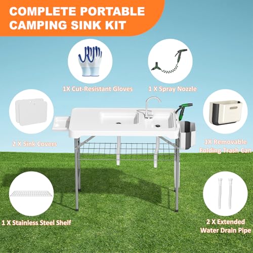 Folding Fish Cleaning Table with 2 Sinks, 42.5'' Portable Camping Sink Table with Foldable Faucet, Drainage Hose, Sprayer, Storage Box,Drawer & Grooves, Outdoor Fillet Station for Picnic, White - color: White