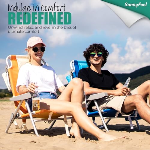 SUNNYFEEL Low Beach Chair, 5-Position Lay Flat Reclining, Backpack Portable Folding Chair with Cooler Bag & Cup Holder, Heavy Duty 350 LBS, Compact for Beach, Camping, Travel - color: Orange, size: 1-pack