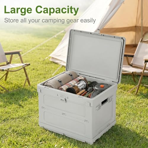 2 in 1 Foldable Camping Storage Box with Extendable Table, 26L Collapsible Plastic Storage Bin with Handle, Stackable Waterproof Storage Crate for Camping Picnic Outdoor RV Home Organization