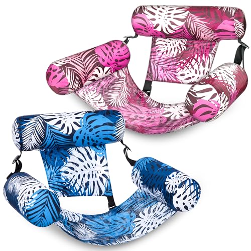 SLOOSH Inflatable Pool Floats Adult,2 Packs Floating Lounge Chairs,Blow up Pool Noodles for Adult Heavy Duty,Floating Chair for Party Summer Water Beach Lake Fun - style: Tropical Leaves-Pink,Blue