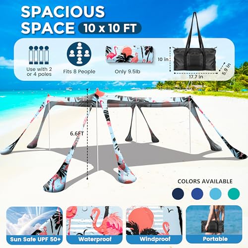 Beach Canopy Beach Tent Pop Up Shade 10x10ft Sun Shelter UPF50+ with 8 Sandbags-2 Sand Shovel-4 Aluminum Poles-Ground Pegs-Portable Carrying Bag for Outdoor Family Camping Fishing Yard Picnic - color: Flamingos