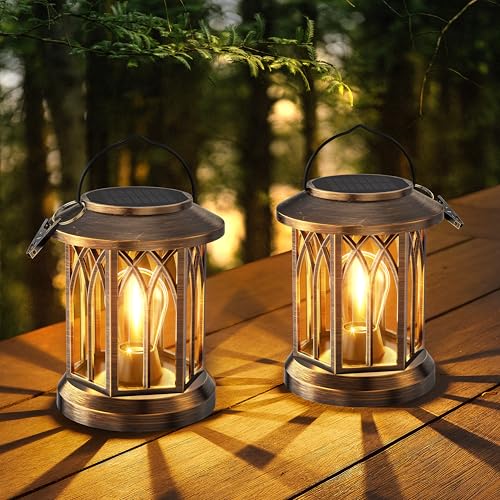 WdtPro Solar Lanterns Outdoor Lights, 2 Pack Bright Lanterns Outdoor Waterproof with Clip Patio Decor, Hanging Solar Lights for Outside Garden Yard Front Porch Table Decoration (Antique Copper) - size: 2 PACK, style: Classic Antique Copper