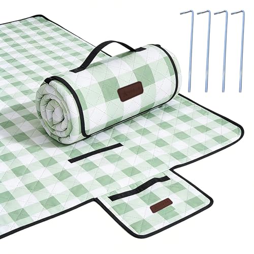 HX&OD Outdoor Picnic Blanket, Extra Large, 80''x80'' Waterproof Foldable Blankets Gingham Picnic Mat for Beach, Camping Grass Lawn Park Accessories Cute Couple Ideas Wedding (Green, 80”x80”) - color: Green, size: 6'8" x 6'8" (Square)