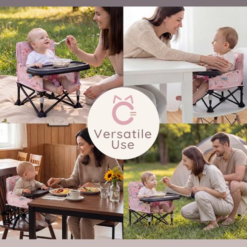 Booster Seat for Kitchen Chair with Removable Tray, Portable Foldable Baby Chair for Babies 6-36 Months, Indoor Outdoor Toddler Camping Chair (Pink Floral Design) - color: Pink Floral Booster Seat